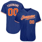 Front view of the royal white pinstripe baseball jersey showcasing vibrant orange accents and team name.