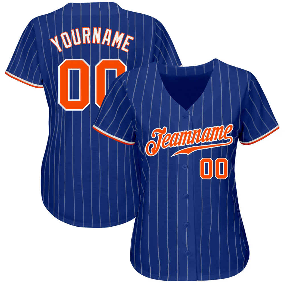 Royal White Pinstripe Baseball Jersey Back view of the royal white pinstripe baseball jersey featuring customizable name and number for personalization.