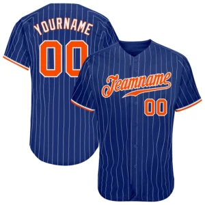 Front view of the royal white pinstripe baseball jersey showcasing vibrant orange accents and team name.