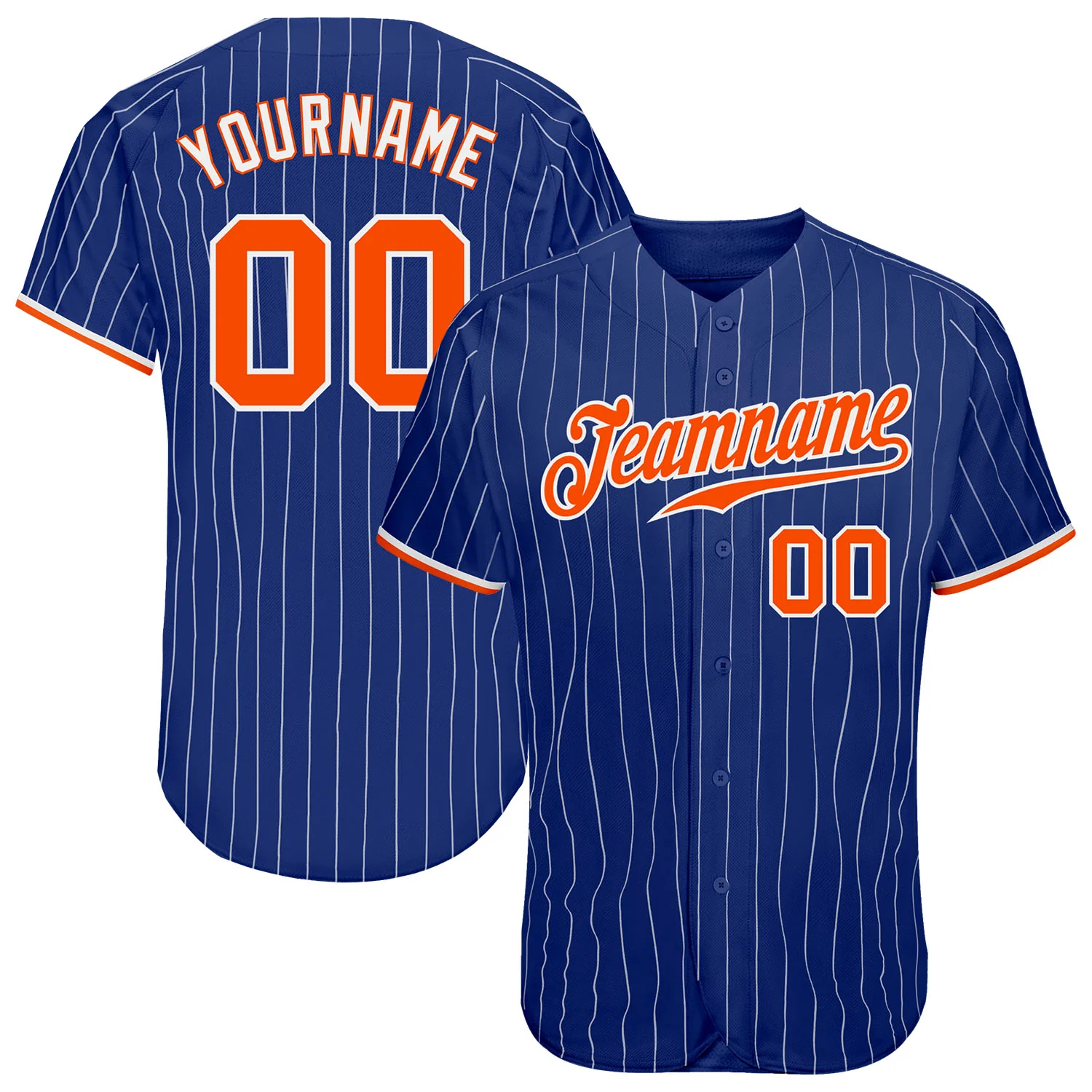 Royal White Pinstripe Baseball Jersey Front view of the royal white pinstripe baseball jersey showcasing vibrant orange accents and team name.