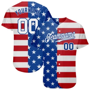 Front view of the royal white red American flag baseball jersey with vibrant colors and star patterns.