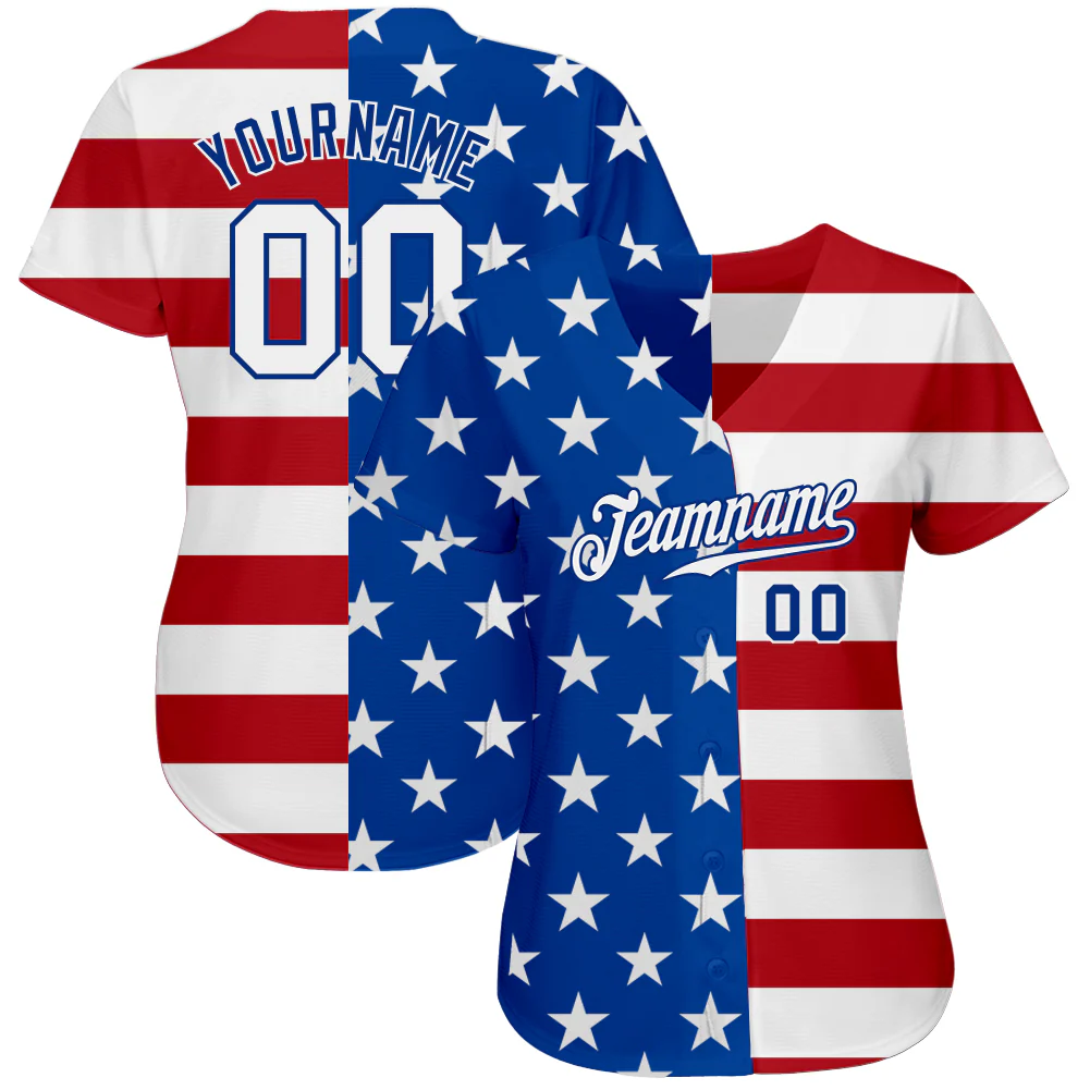 Royal White Red American Flag Baseball Jersey Close-up detail of the royal white red American flag baseball jersey's fabric and button design, highlighting quality.