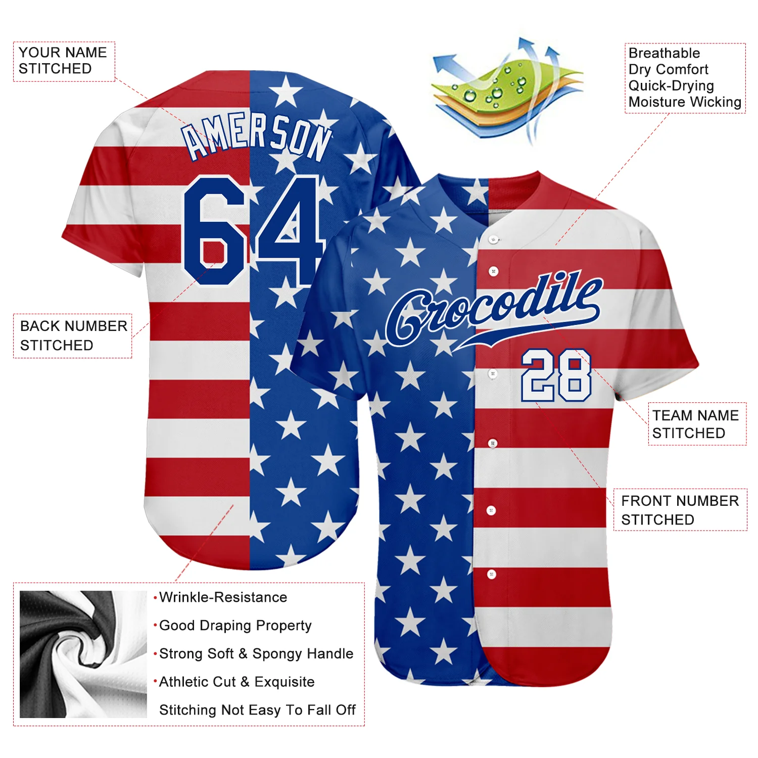 Royal White Red American Flag Baseball Jersey Lifestyle shot of a person wearing the royal white red American flag baseball jersey, enjoying an outdoor game.