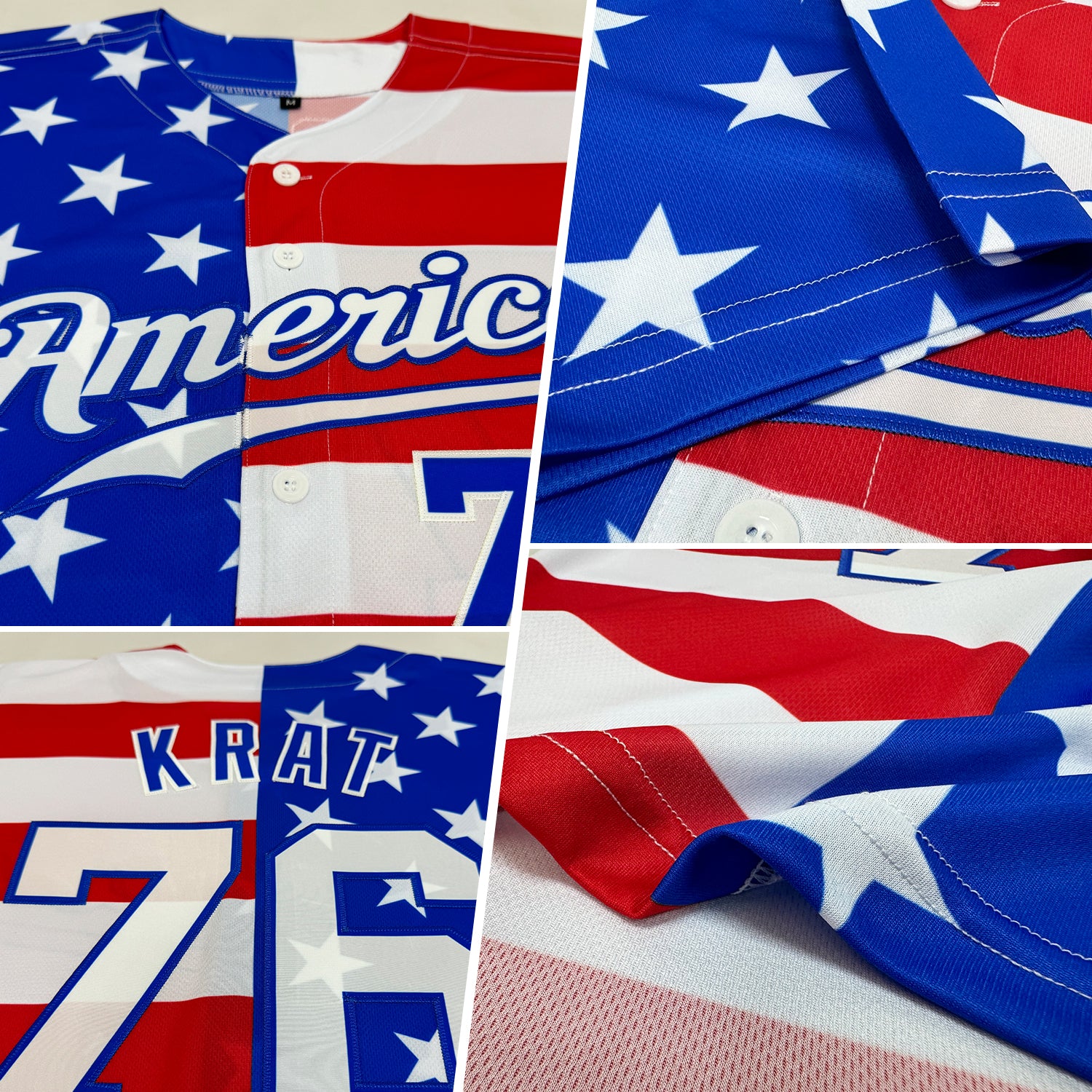 Royal White Red American Flag Baseball Jersey Back view showcasing the royal white red American flag baseball jersey, featuring personalized name and number.