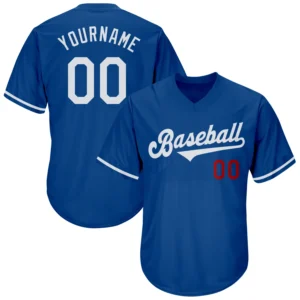 Front view of the royal white red authentic throwback jersey features a classic design with bold lettering.