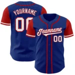 Front view of the royal white red baseball jersey showcasing vibrant colors and classic button design.