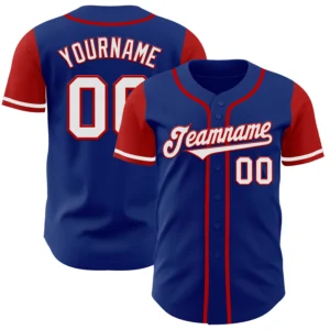 Front view of the royal white red baseball jersey showcasing vibrant colors and classic button design.