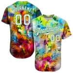 Front view of the custom scratch graffiti pattern baseball jersey in white and Kelly green, showcasing vibrant colors.