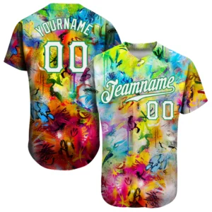 Front view of the custom scratch graffiti pattern baseball jersey in white and Kelly green, showcasing vibrant colors.