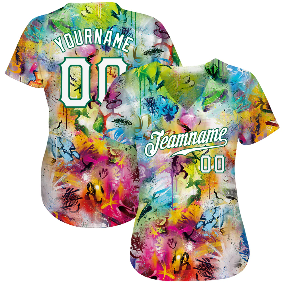 Scratch Graffiti Pattern White Kelly Green Baseball Jersey Detailed close-up of the scratch graffiti pattern baseball jersey highlighting the colorful design and fabric texture.