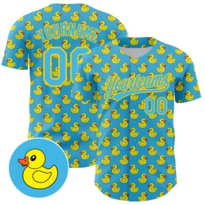Front view of the sky blue yellow 3D pattern design animal duck baseball jersey showcasing vibrant colors.