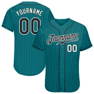 Custom teal black pinstripe baseball jersey showcasing front design with team name and buttons