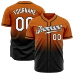 Front view of the orange black fade baseball jersey showcasing vibrant colors and stylish design details.