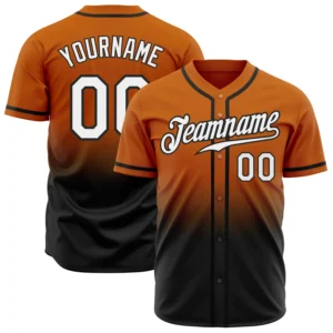 Front view of the orange black fade baseball jersey showcasing vibrant colors and stylish design details.