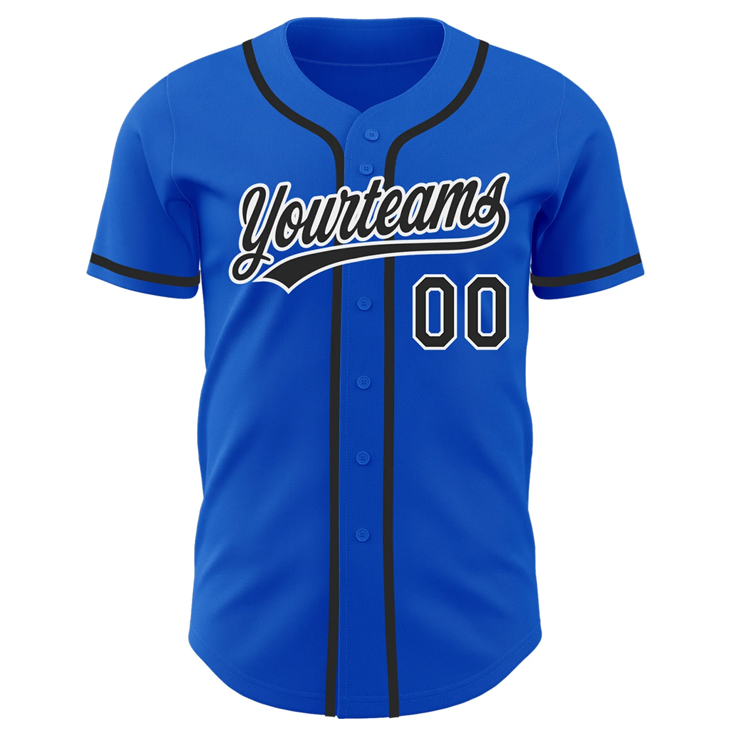 Thunder Blue Black White Authentic Baseball Jersey Back angle of the thunder blue black white authentic baseball jersey, featuring personalized name and number.