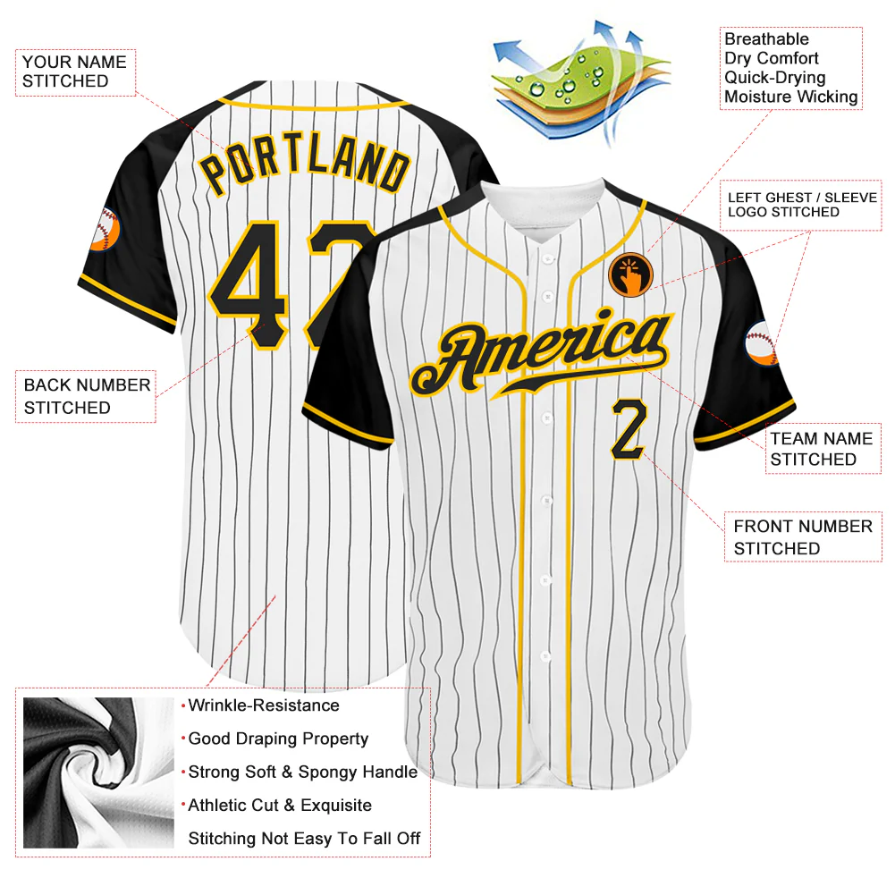 Black Gold Pinstripe Baseball Jersey Lifestyle shot of a person wearing a black gold pinstripe baseball jersey, perfect for showing team spirit at games.