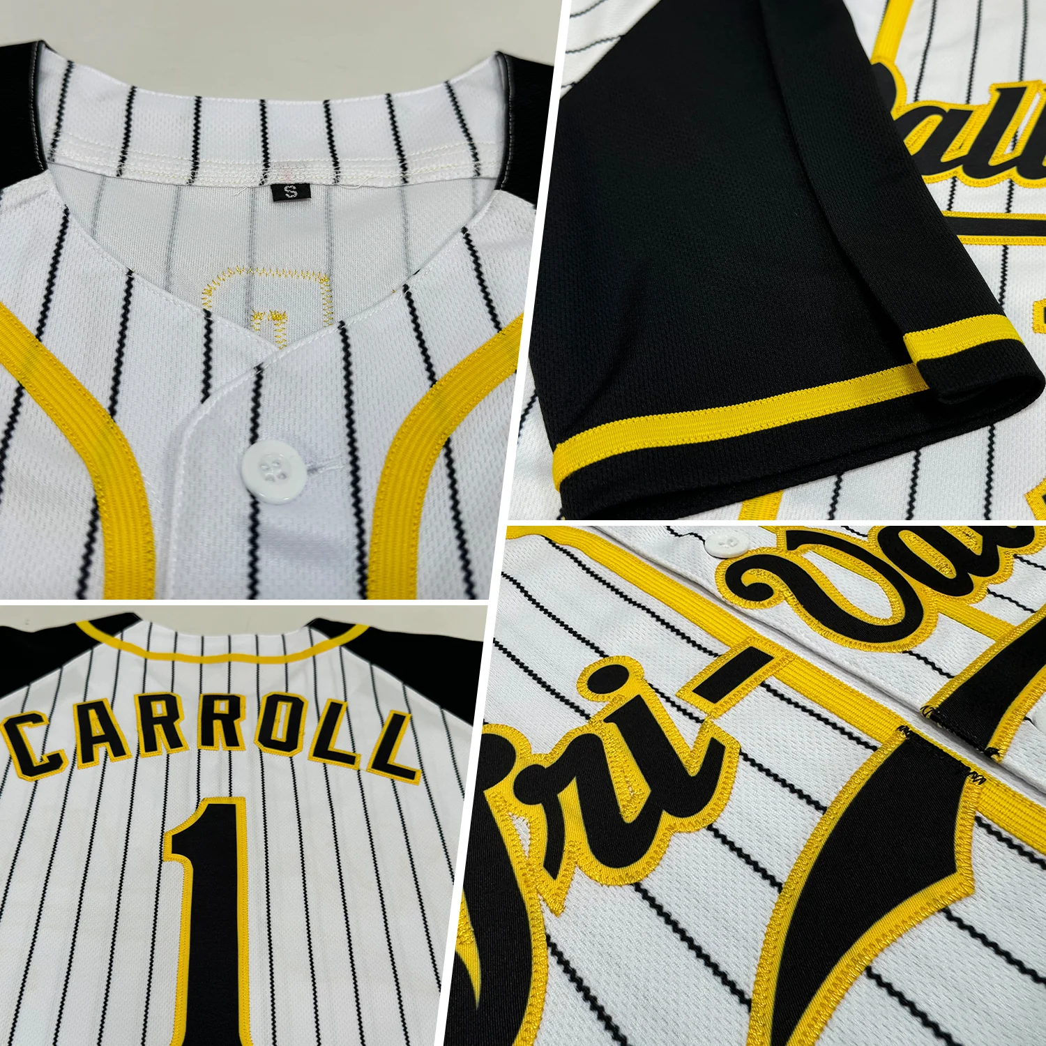 Black Gold Pinstripe Baseball Jersey Back view of black gold pinstripe baseball jersey showcasing personalized name and number detail in vibrant yellow.