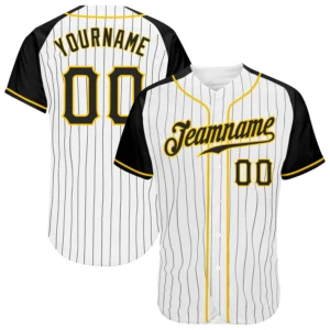 Front view of black gold pinstripe baseball jersey featuring bold black sleeves and stylish team name design.