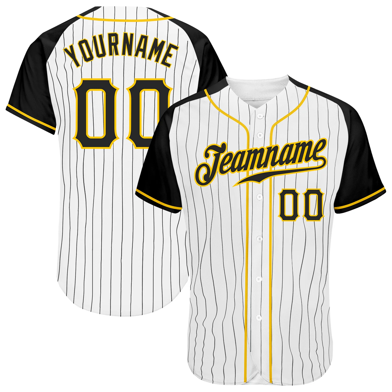Black Gold Pinstripe Baseball Jersey Front view of black gold pinstripe baseball jersey featuring bold black sleeves and stylish team name design.