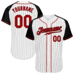 Front view of red black pinstripe baseball jersey with raglan sleeves and team name design.