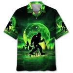 Front view of the Bigfoot fishing night Hawaiian shirt featuring a vibrant green moon design.