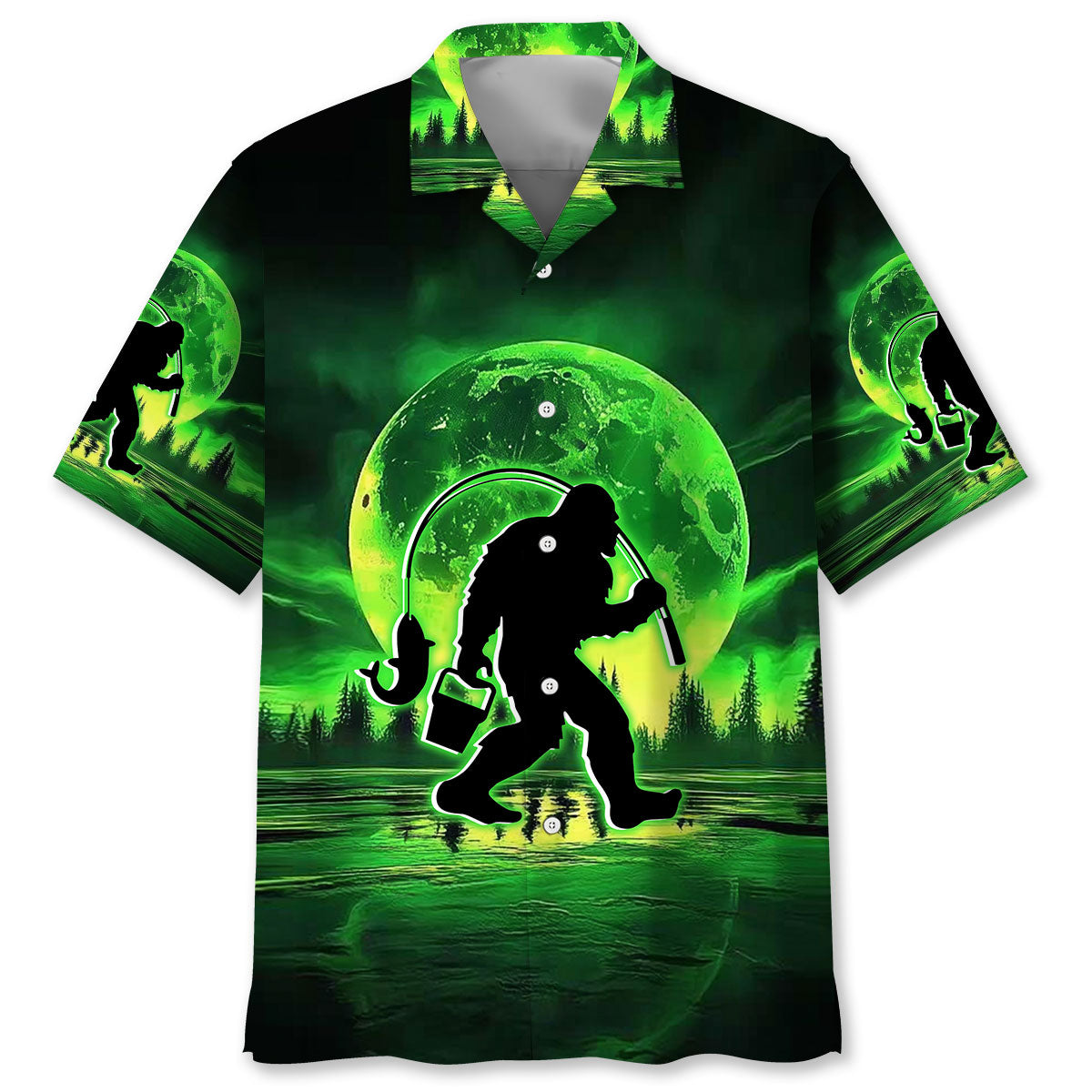 Bigfoot Fishing Night Hawaiian Shirt Front view of the Bigfoot fishing night Hawaiian shirt featuring a vibrant green moon design.