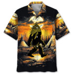 Front view of the American Native Bigfoot Strolling Hawaiian Shirt featuring vibrant sunset colors and unique design details.