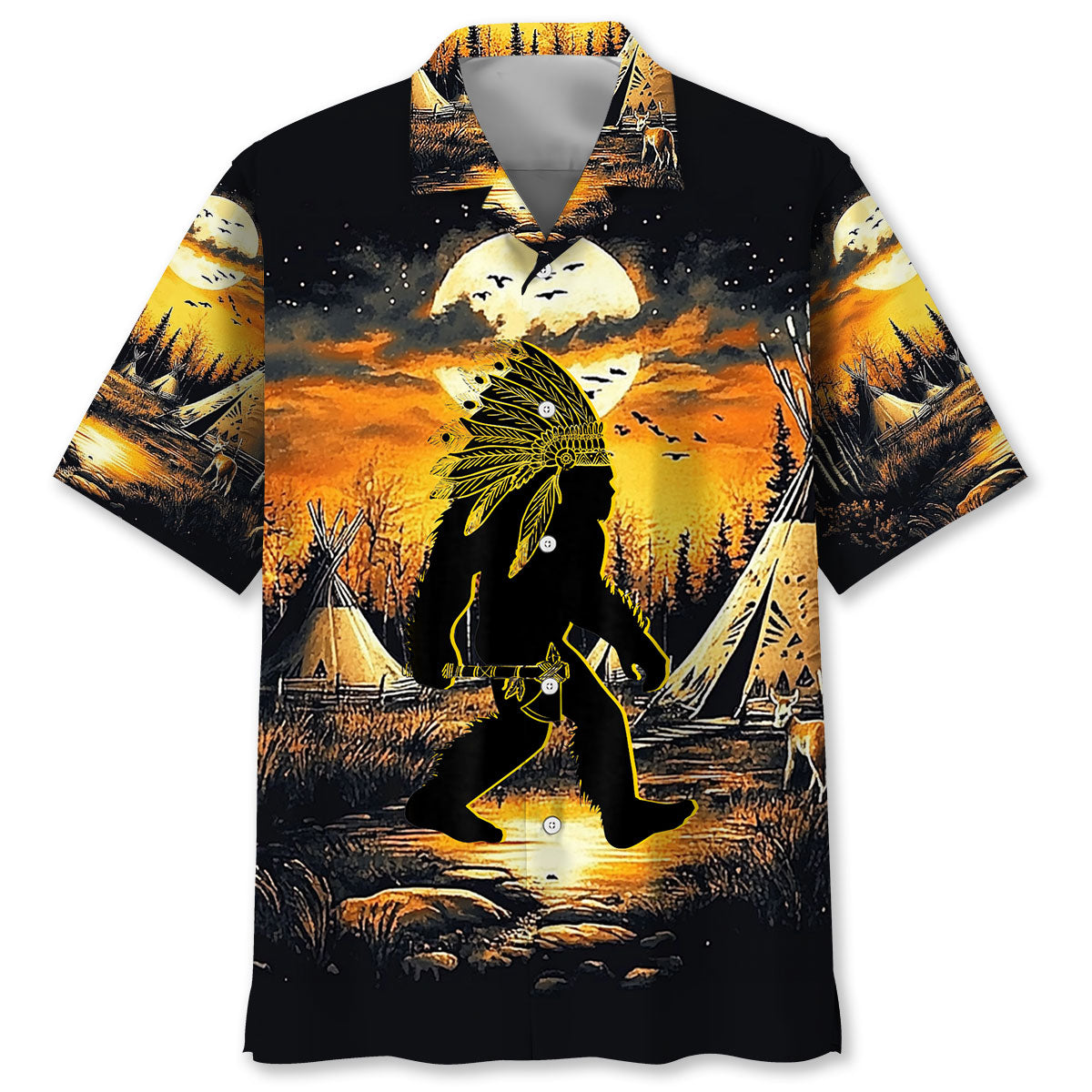 American Native Bigfoot Strolling Hawaiian Shirt Front view of the American Native Bigfoot Strolling Hawaiian Shirt featuring vibrant sunset colors and unique design details.