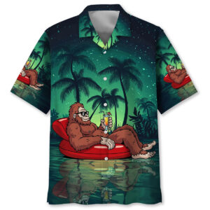 Front view of the Bigfoot summer chilling Hawaiian shirt featuring vibrant colors and fun palm tree design.