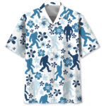 Front view of the funny Bigfoot hibiscus blue Hawaiian shirt with bold designs and vibrant colors.
