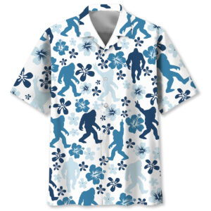 Front view of the funny Bigfoot hibiscus blue Hawaiian shirt with bold designs and vibrant colors.