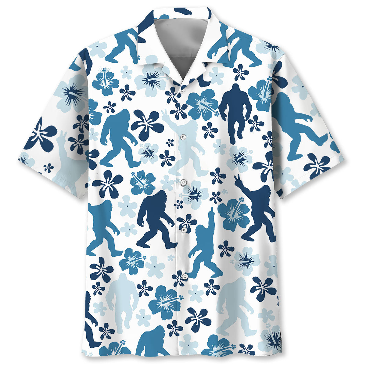 Bigfoot Hibiscus Blue Hawaiian Shirt Front view of the funny Bigfoot hibiscus blue Hawaiian shirt with bold designs and vibrant colors.