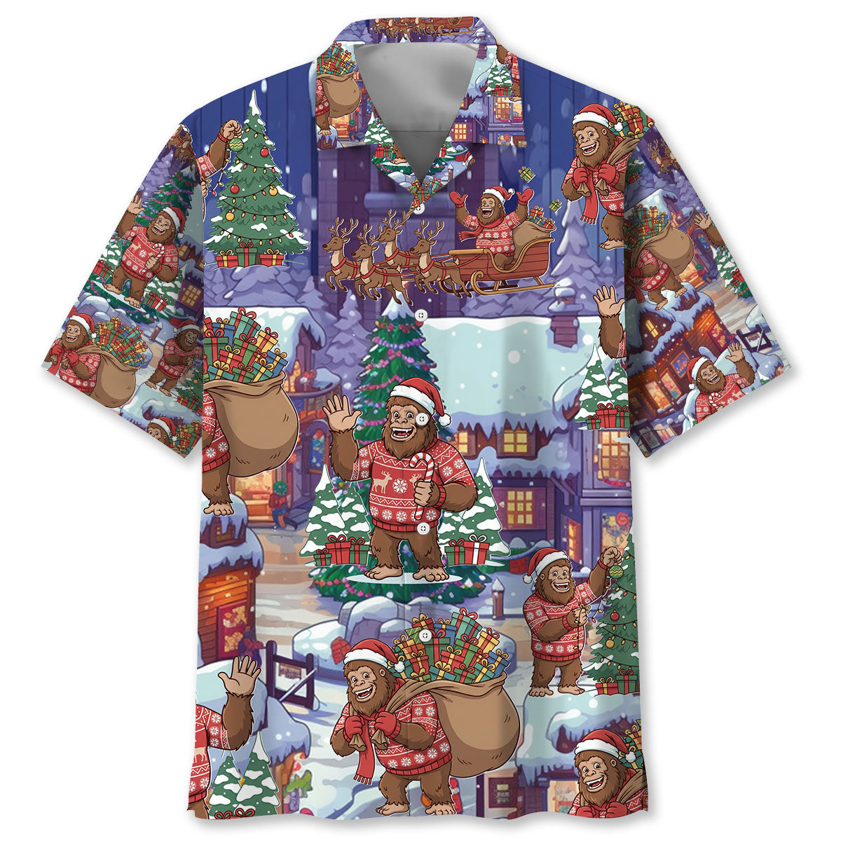 Bigfoot Celebrate Xmas Hawaiian Shirt Close-up detail of the bigfoot celebrate xmas hawaiian shirt highlighting intricate graphics of Bigfoot in Christmas attire.