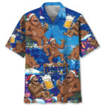 Front view of the funny bigfoot xmas Hawaiian shirt, featuring vibrant blue with festive Bigfoot designs.
