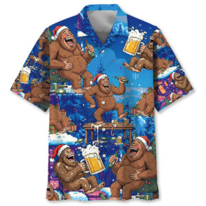 Front view of the funny bigfoot xmas Hawaiian shirt, featuring vibrant blue with festive Bigfoot designs.