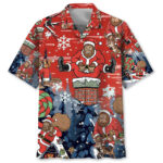 Front view of the Bigfoot Santa funny Hawaiian shirt, featuring a vibrant red color and playful holiday designs.