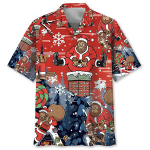 Front view of the Bigfoot Santa funny Hawaiian shirt, featuring a vibrant red color and playful holiday designs.