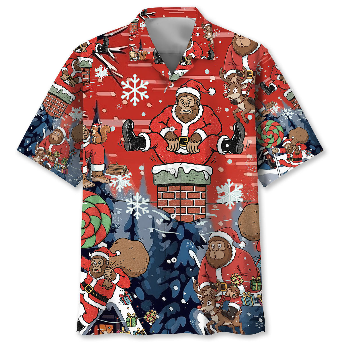 Bigfoot Santa Funny Hawaiian Shirt Front view of the Bigfoot Santa funny Hawaiian shirt, featuring a vibrant red color and playful holiday designs.