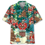 Front view of the Bigfoot Santa camping Hawaiian shirt featuring vibrant colors and playful designs of Santa and Bigfoot.