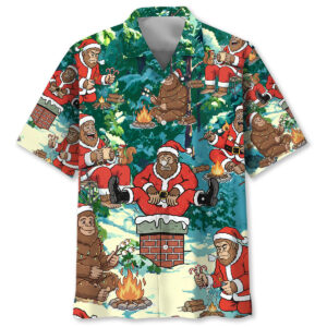 Front view of the Bigfoot Santa camping Hawaiian shirt featuring vibrant colors and playful designs of Santa and Bigfoot.