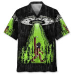 Front view of the sasquatch and ufo abduction Hawaiian shirt featuring vibrant green and black colors.