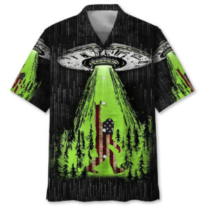 Front view of the sasquatch and ufo abduction Hawaiian shirt featuring vibrant green and black colors.