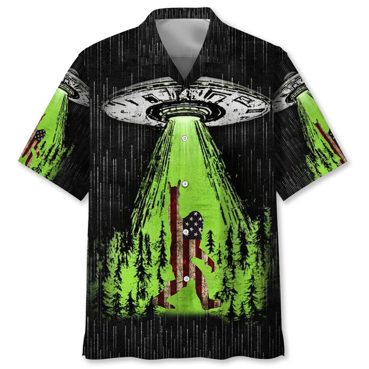 Sasquatch and UFO Abduction Hawaiian Shirt Front view of the sasquatch and ufo abduction Hawaiian shirt featuring vibrant green and black colors.