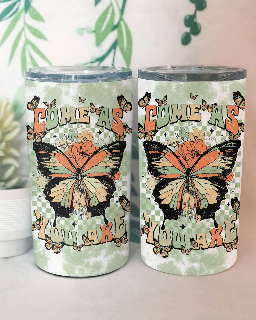 Come As You Are Insulated Tumbler | Stylish Drinkware Side angle of the Come As You Are insulated tumbler, highlighting its unique green tie-dye pattern.