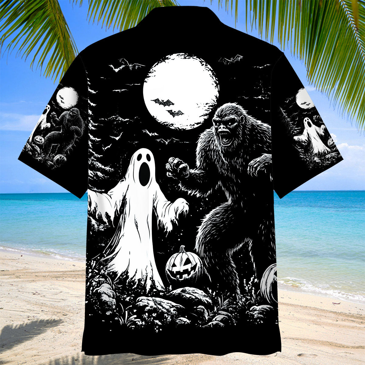 Bigfoot Spooky Night Hawaiian Shirt Lifestyle shot of a person wearing the Bigfoot spooky night Hawaiian shirt at a Halloween party, surrounded by decorations.