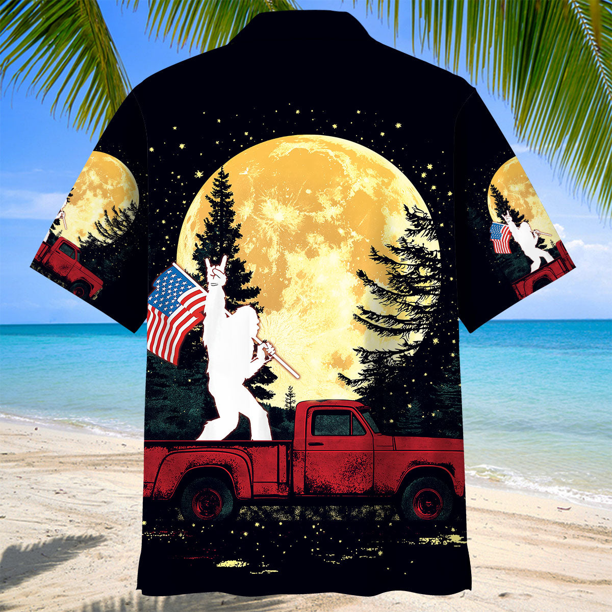 Bigfoot Night Truck Ride Hawaiian Shirt Lifestyle shot of the Bigfoot Night Truck Ride Hawaiian Shirt worn outdoors, capturing its unique style and vibrant colors.
