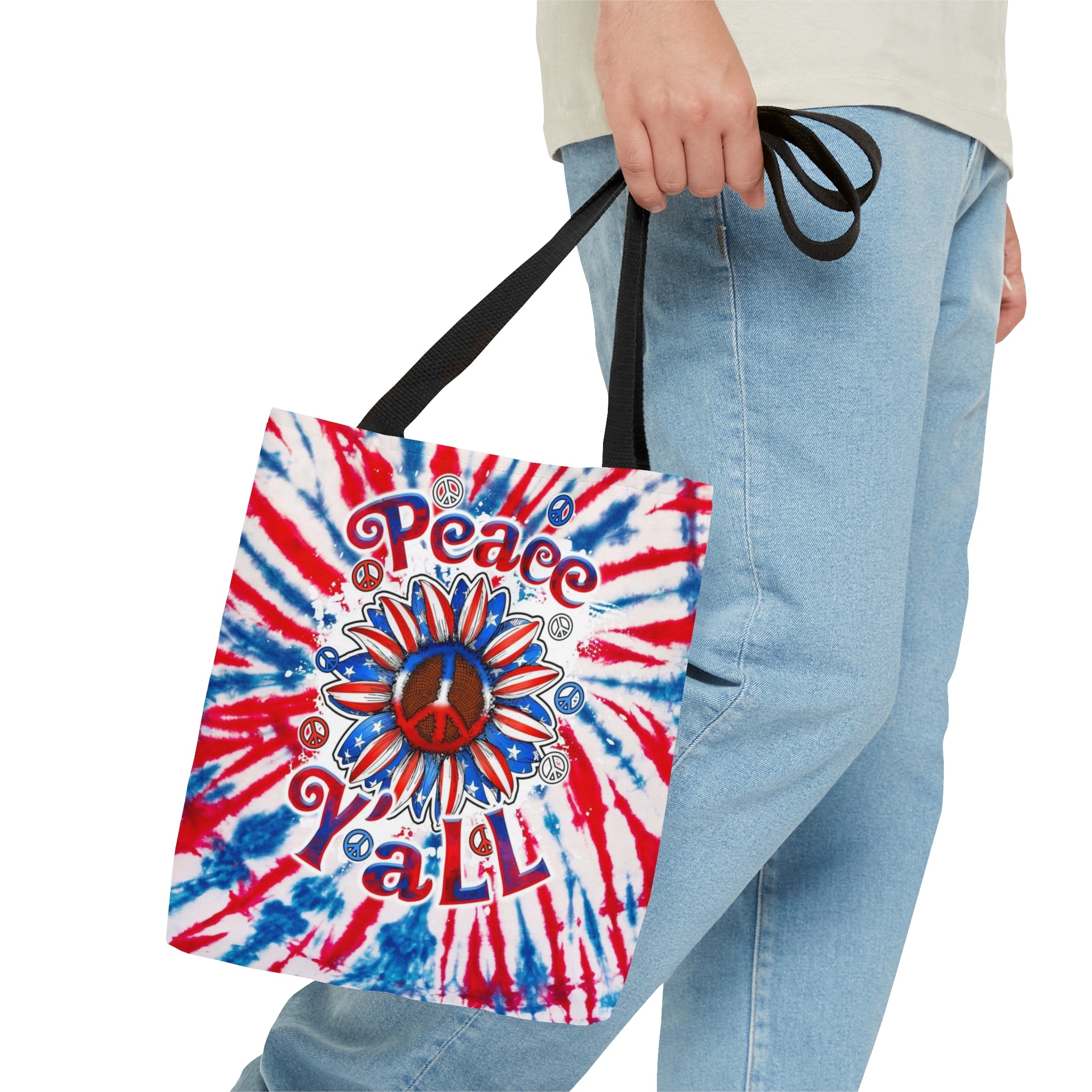 Peace Y'all Sunflower America Tote Bag Side view of the peace y'all sunflower america tote bag, emphasizing its spacious interior and eye-catching design.