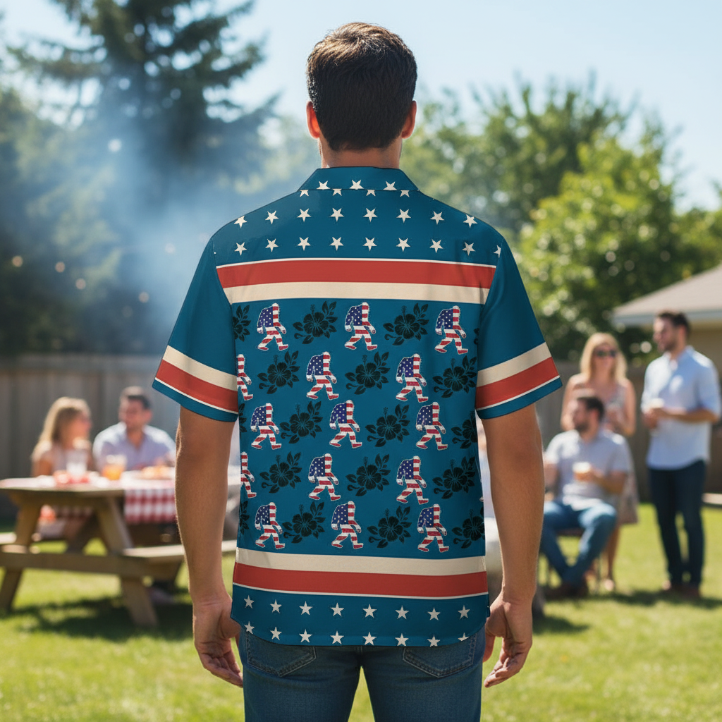 Bigfoot Patriot Hibiscus Hawaiian Shirt Casual setting with friends wearing the Bigfoot Patriot Hibiscus Hawaiian shirt during a barbecue.