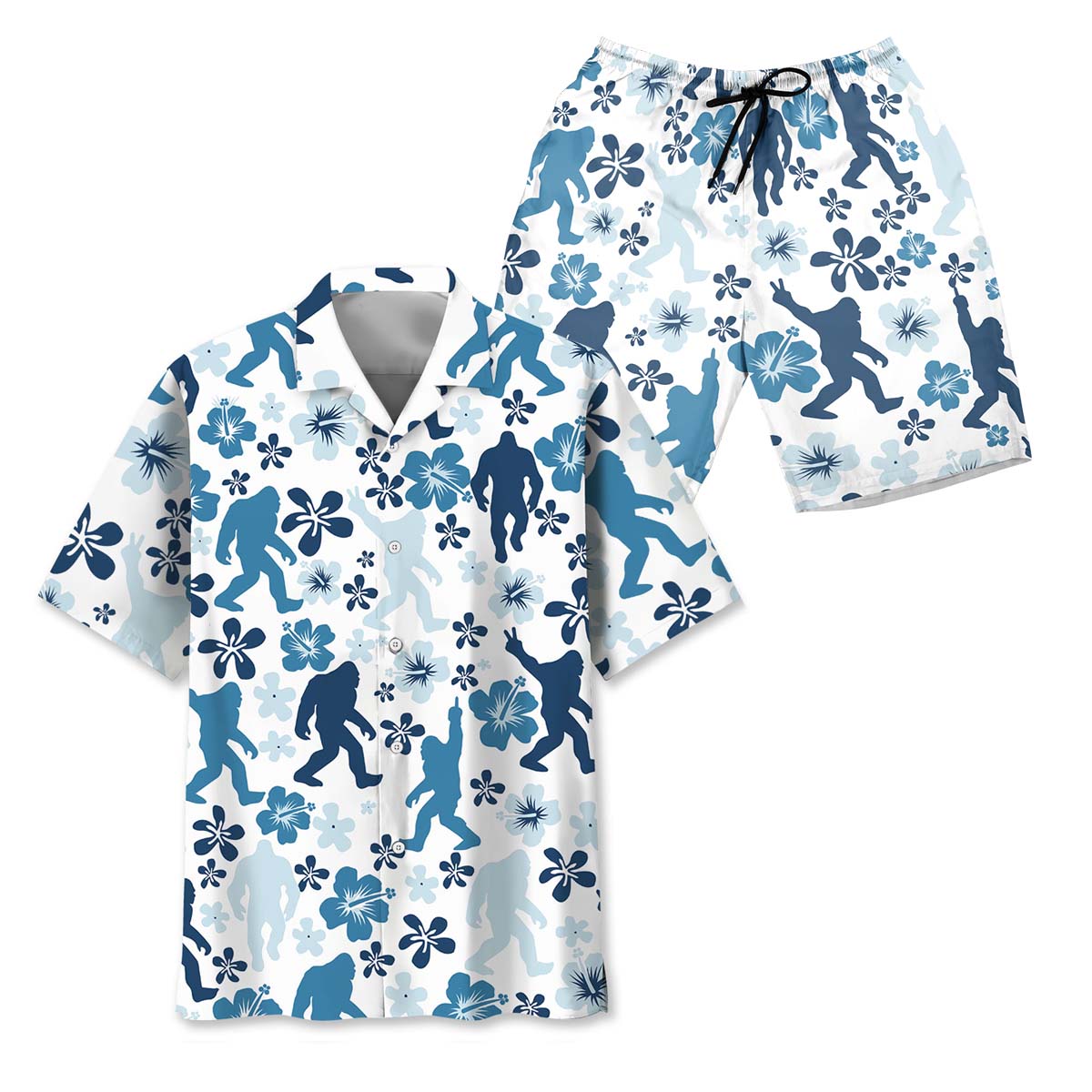 Bigfoot Hibiscus Blue Hawaiian Shirt Back view of the funny Bigfoot hibiscus blue Hawaiian shirt displaying its fun and quirky pattern.