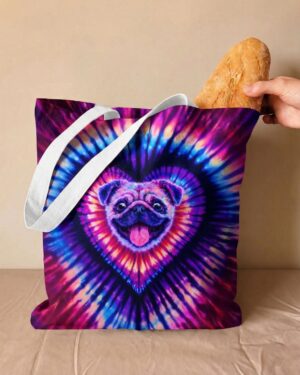 Front view of the pug dog heart swirl tote bag showcasing vibrant colors and a heart design.